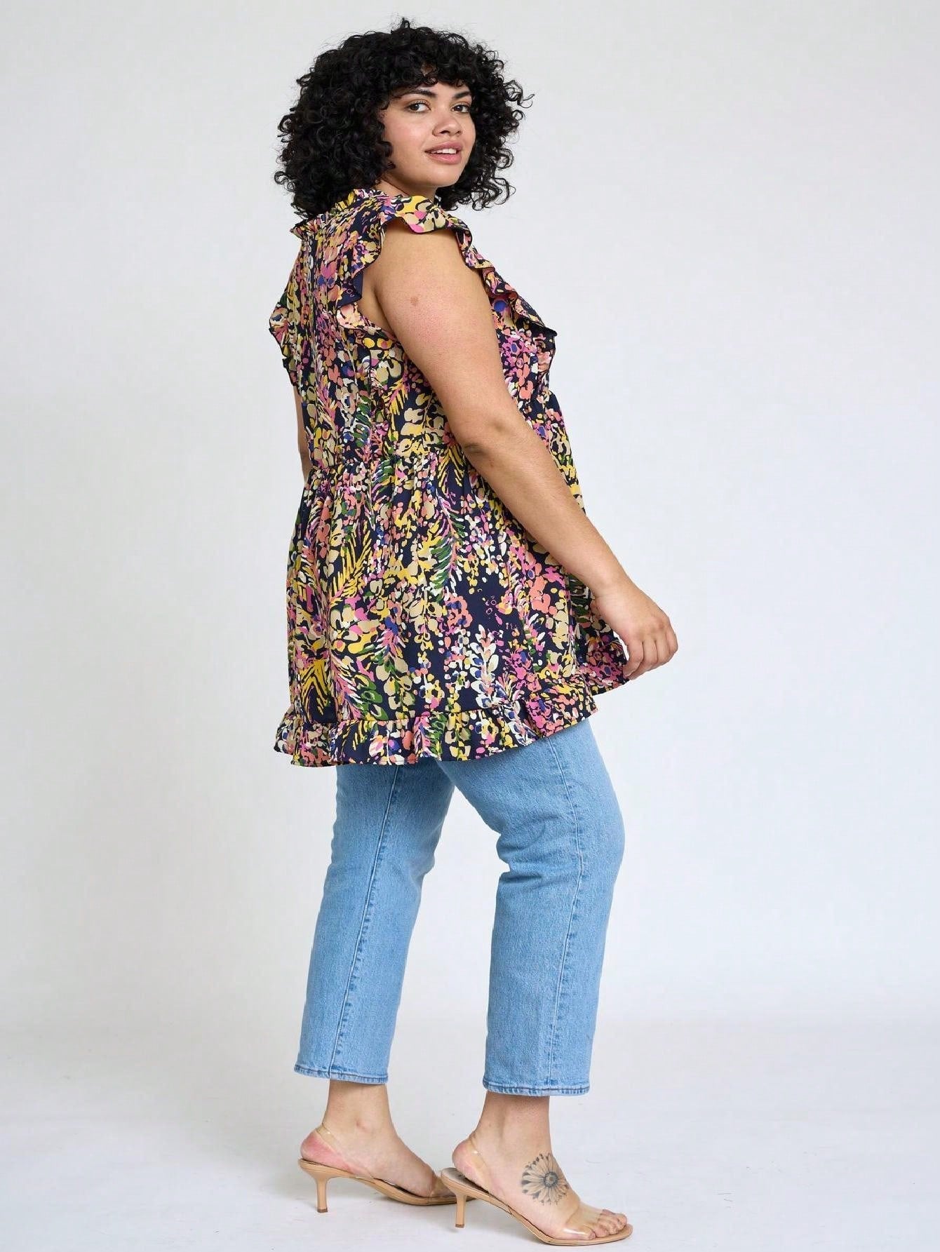 Summer/Spring Vine  Floral Ruffle Sleeve Festive Foliage Tunic Dress Breathable Shirt  Top, Small To Plus Extended Size