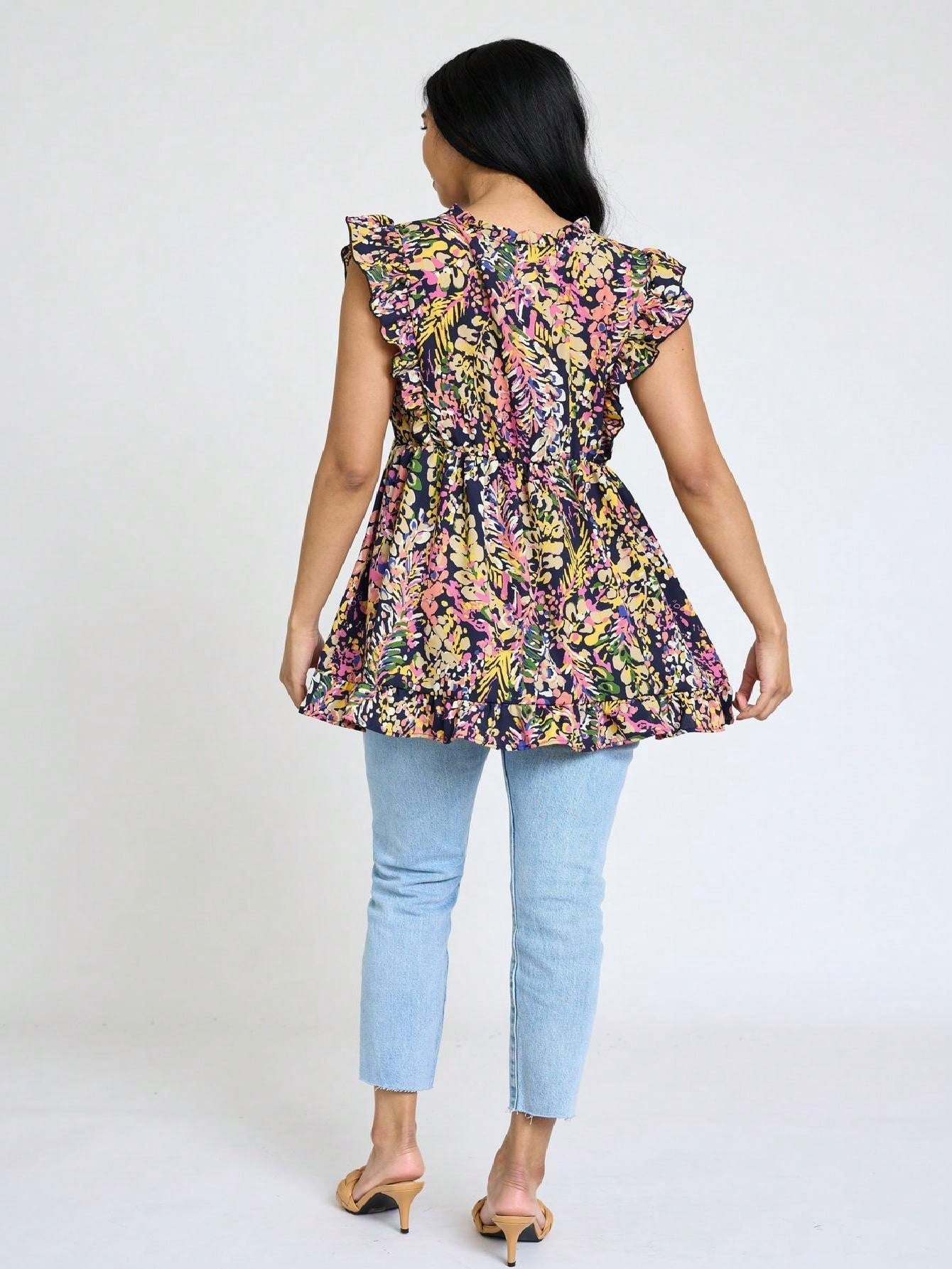 Summer/Spring Vine  Floral Ruffle Sleeve Festive Foliage Tunic Dress Breathable Shirt  Top, Small To Plus Extended Size