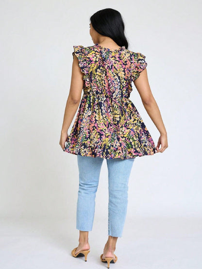 Summer/Spring Vine  Floral Ruffle Sleeve Festive Foliage Tunic Dress Breathable Shirt  Top, Small To Plus Extended Size