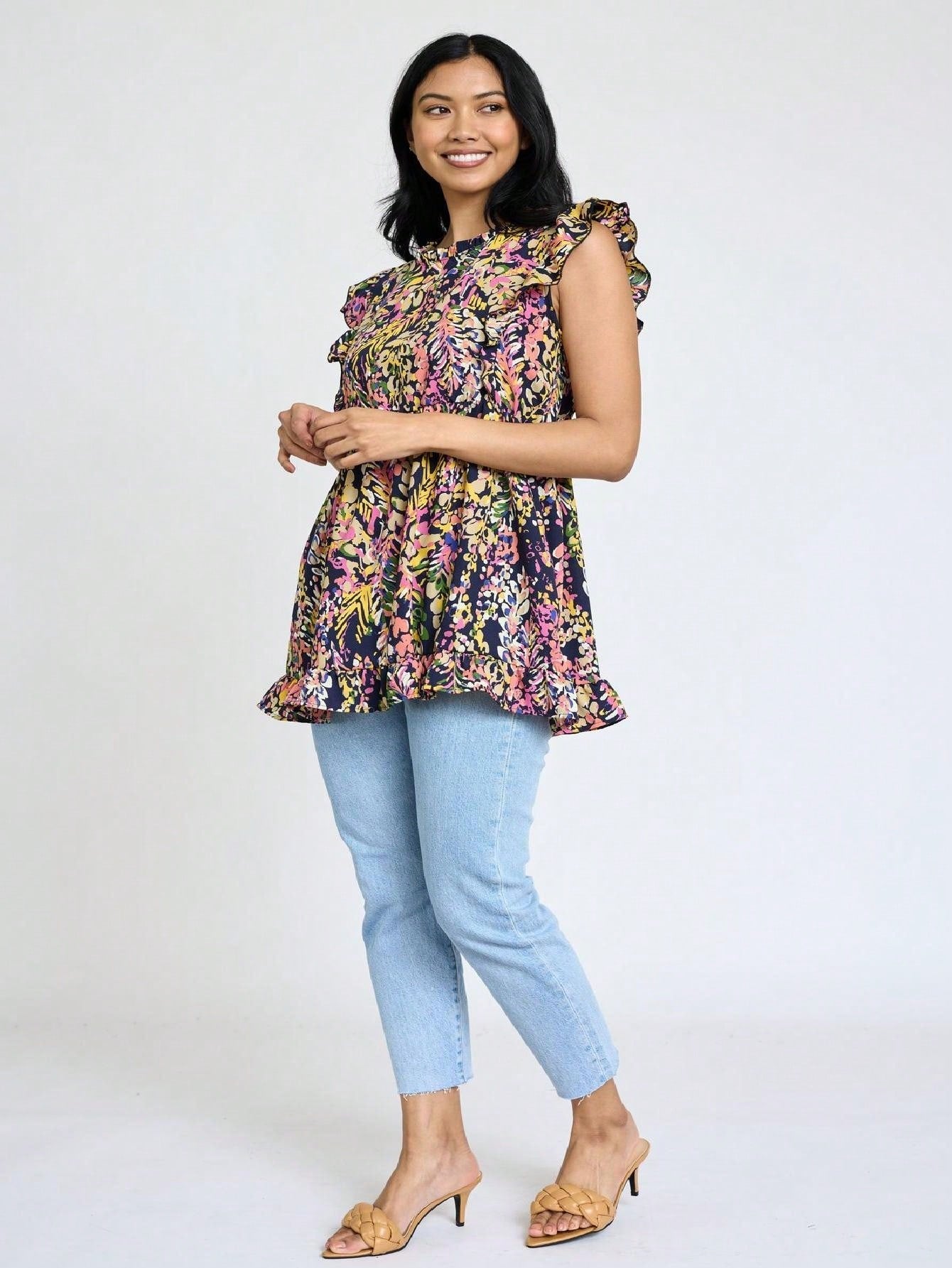Summer/Spring Vine  Floral Ruffle Sleeve Festive Foliage Tunic Dress Breathable Shirt  Top, Small To Plus Extended Size