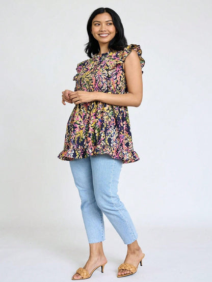 Summer/Spring Vine  Floral Ruffle Sleeve Festive Foliage Tunic Dress Breathable Shirt  Top, Small To Plus Extended Size