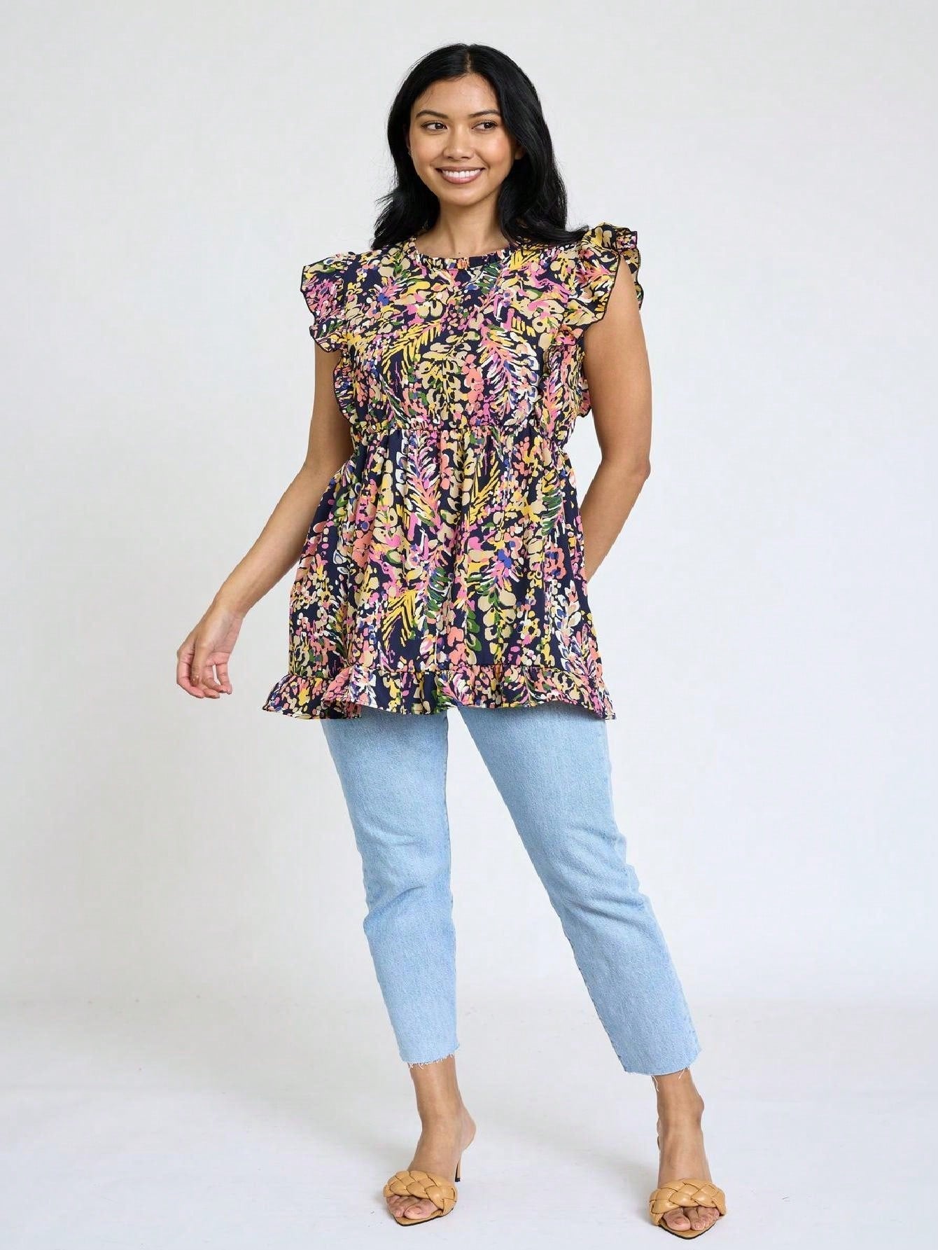 Summer/Spring Vine  Floral Ruffle Sleeve Festive Foliage Tunic Dress Breathable Shirt  Top, Small To Plus Extended Size