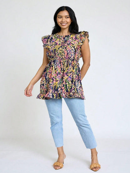 Summer/Spring Vine  Floral Ruffle Sleeve Festive Foliage Tunic Dress Breathable Shirt  Top, Small To Plus Extended Size