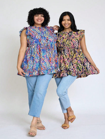 Summer/Spring Vine  Floral Ruffle Sleeve Festive Foliage Tunic Dress Breathable Shirt  Top, Small To Plus Extended Size