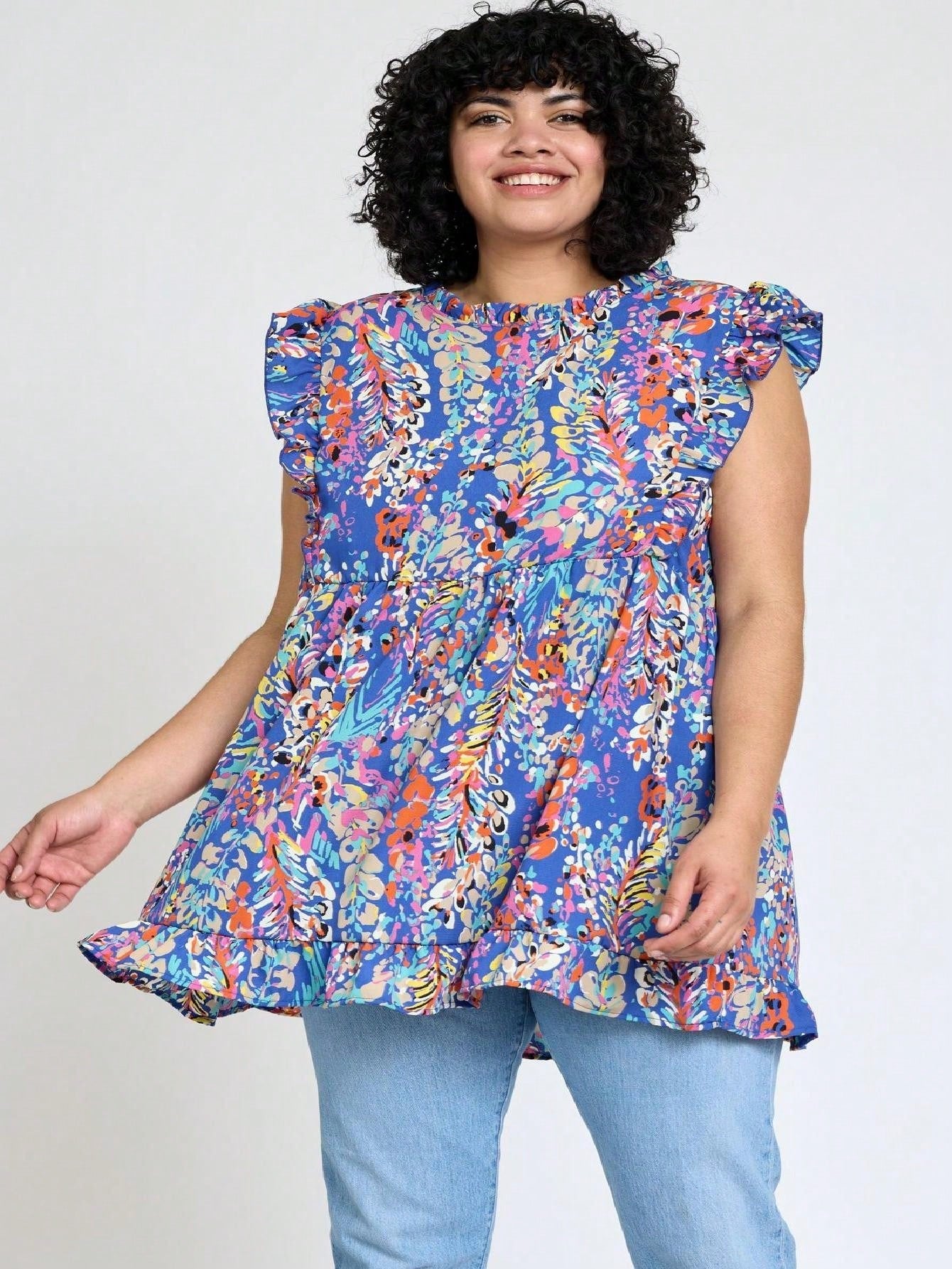 Summer/Spring Vine  Floral Ruffle Sleeve Festive Foliage Tunic Dress Breathable Shirt  Top, Small To Plus Extended Size