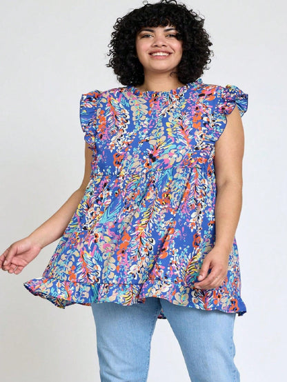 Summer/Spring Vine  Floral Ruffle Sleeve Festive Foliage Tunic Dress Breathable Shirt  Top, Small To Plus Extended Size