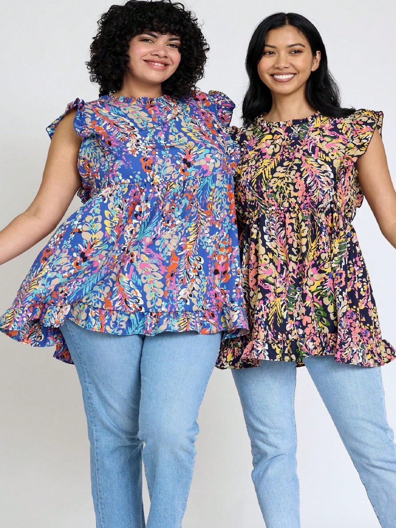 Summer/Spring Vine  Floral Ruffle Sleeve Festive Foliage Tunic Dress Breathable Shirt  Top, Small To Plus Extended Size