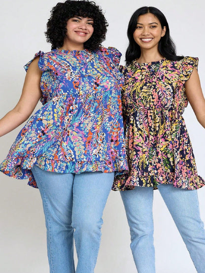 Summer/Spring Vine  Floral Ruffle Sleeve Festive Foliage Tunic Dress Breathable Shirt  Top, Small To Plus Extended Size
