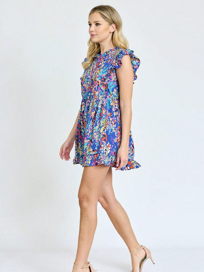 Summer/Spring Vine  Floral Ruffle Sleeve Festive Foliage Tunic Dress Breathable Shirt  Top, Small To Plus Extended Size