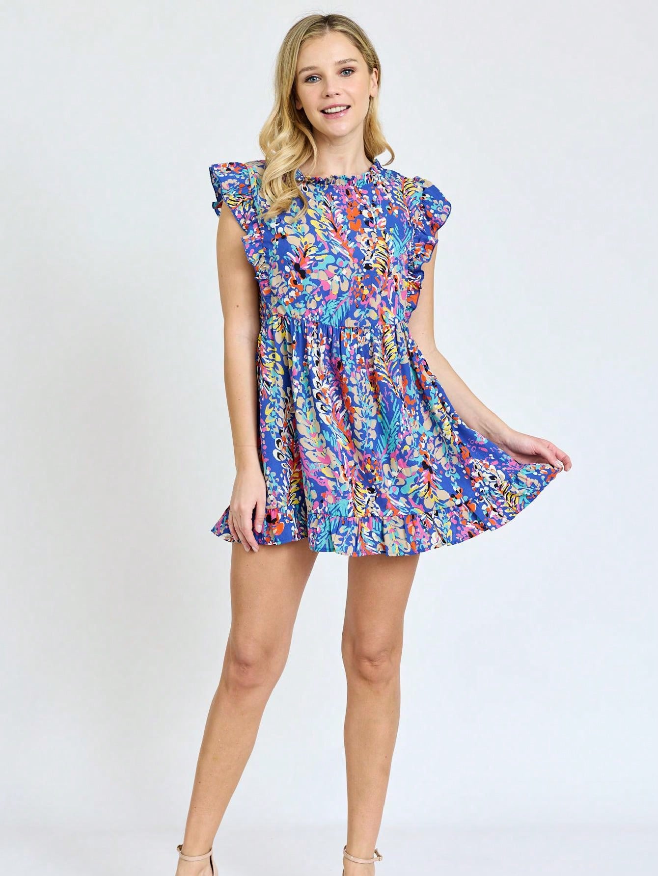 Summer/Spring Vine  Floral Ruffle Sleeve Festive Foliage Tunic Dress Breathable Shirt  Top, Small To Plus Extended Size