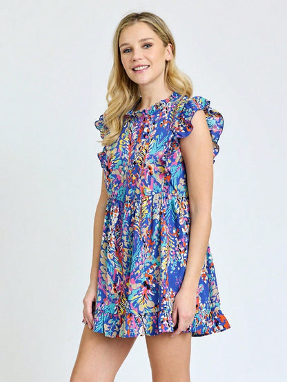 Summer/Spring Vine  Floral Ruffle Sleeve Festive Foliage Tunic Dress Breathable Shirt  Top, Small To Plus Extended Size