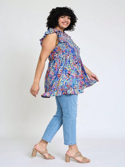 Summer/Spring Vine  Floral Ruffle Sleeve Festive Foliage Tunic Dress Breathable Shirt  Top, Small To Plus Extended Size