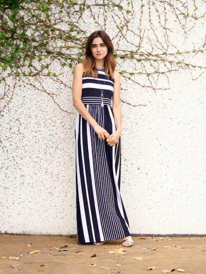 Elegant Stripe Maxi Dress With Side Pockets Versatile Summer Dress For Women