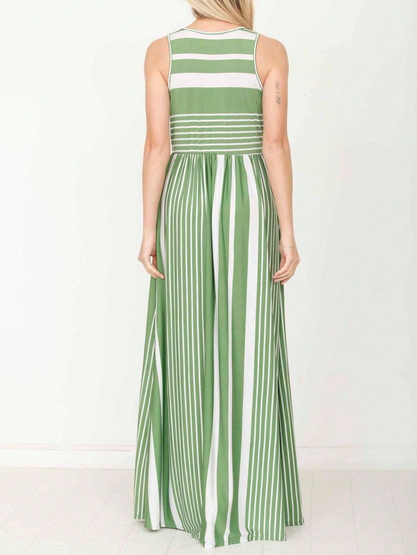 Elegant Stripe Maxi Dress With Side Pockets Versatile Summer Dress For Women
