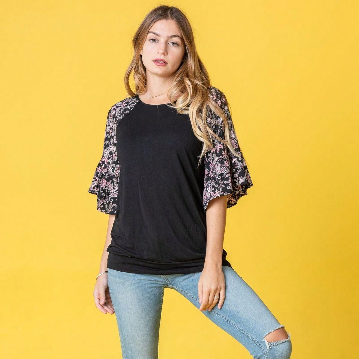 Summer Spring Bell  Boho Vintage Paisley Floral Vine Raglan Sleeve Ruffle Tiered Sleeve Top Sweat Shirt Short Sleeve Blouse | Small -3 XL Plus