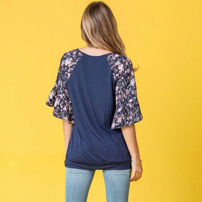 Summer Spring Bell  Boho Vintage Paisley Floral Vine Raglan Sleeve Ruffle Tiered Sleeve Top Sweat Shirt Short Sleeve Blouse | Small -3 XL Plus