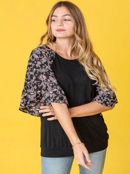 Summer Spring Bell  Boho Vintage Paisley Floral Vine Raglan Sleeve Ruffle Tiered Sleeve Top Sweat Shirt Short Sleeve Blouse | Small -3 XL Plus