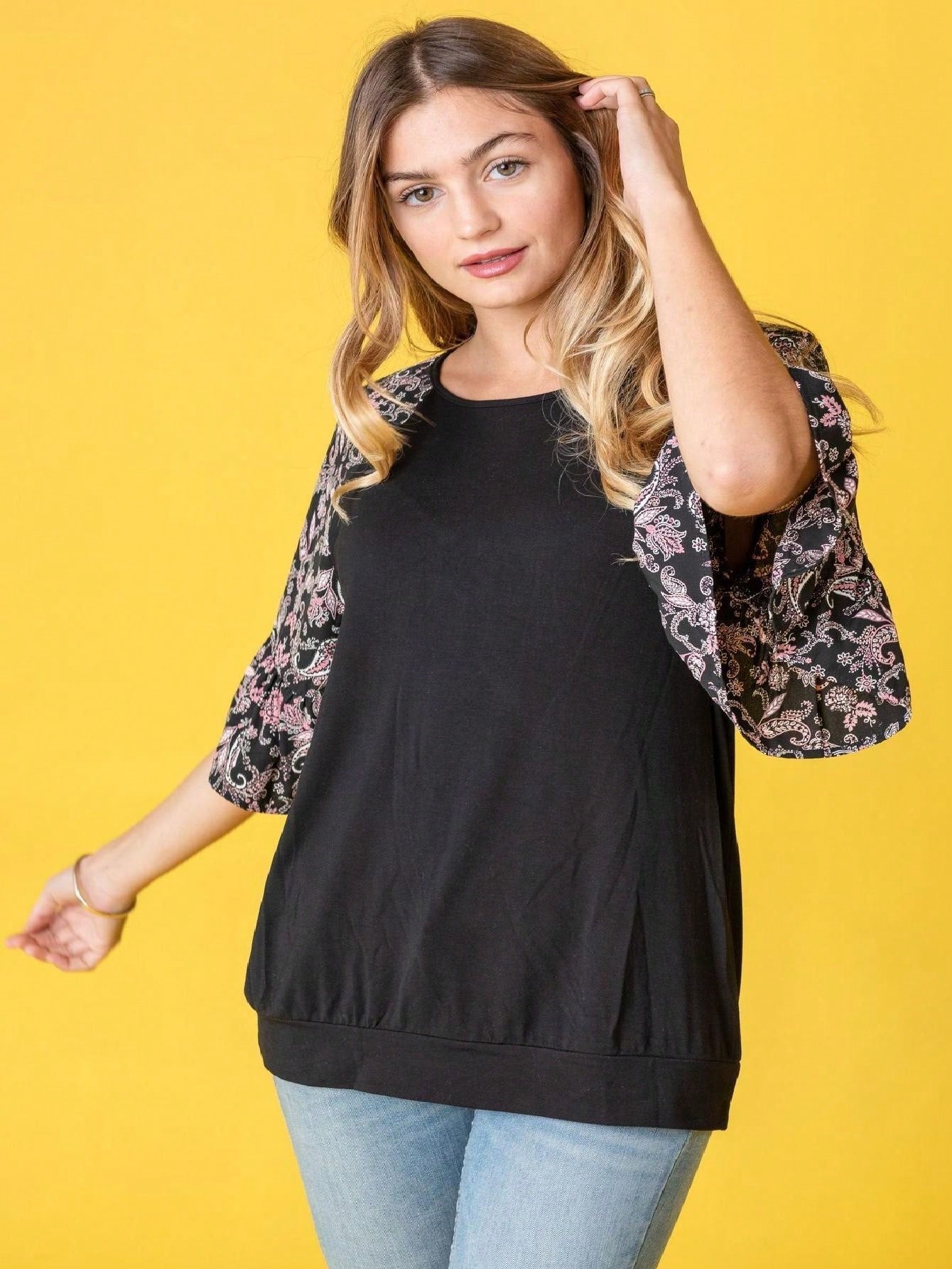 Summer Spring Bell  Boho Vintage Paisley Floral Vine Raglan Sleeve Ruffle Tiered Sleeve Top Sweat Shirt Short Sleeve Blouse | Small -3 XL Plus