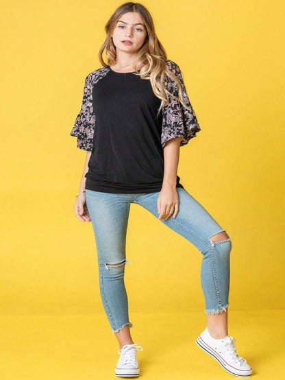 Summer Spring Bell  Boho Vintage Paisley Floral Vine Raglan Sleeve Ruffle Tiered Sleeve Top Sweat Shirt Short Sleeve Blouse | Small -3 XL Plus