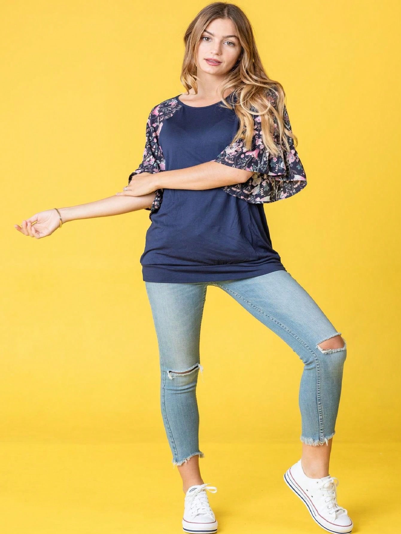 Summer Spring Bell  Boho Vintage Paisley Floral Vine Raglan Sleeve Ruffle Tiered Sleeve Top Sweat Shirt Short Sleeve Blouse | Small -3 XL Plus