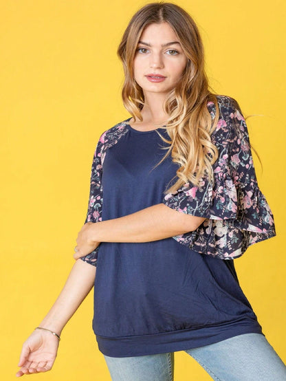 Summer Spring Bell  Boho Vintage Paisley Floral Vine Raglan Sleeve Ruffle Tiered Sleeve Top Sweat Shirt Short Sleeve Blouse | Small -3 XL Plus