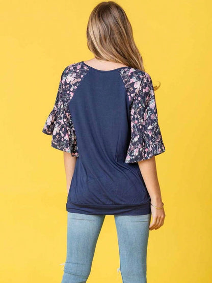 Summer Spring Bell  Boho Vintage Paisley Floral Vine Raglan Sleeve Ruffle Tiered Sleeve Top Sweat Shirt Short Sleeve Blouse | Small -3 XL Plus