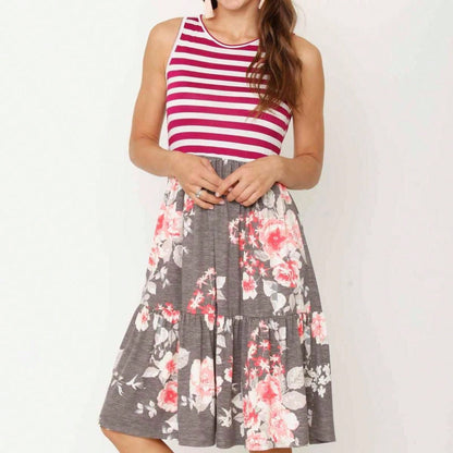 Black Pink Grey Stripe Sleeveless Tiered Patchwork Floral Print Mini Swing Southern Dress Small To 3 XL Plus