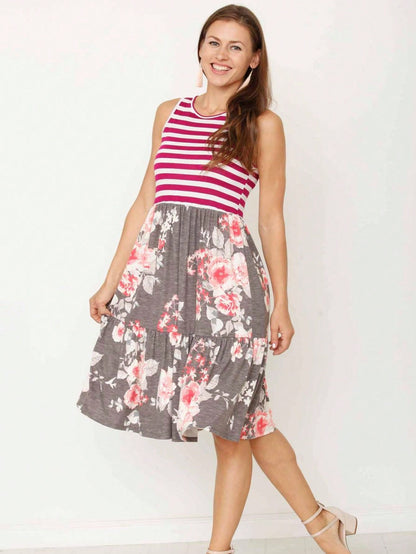 Black Pink Grey Stripe Sleeveless Tiered Patchwork Floral Print Mini Swing Southern Dress Small To 3 XL Plus