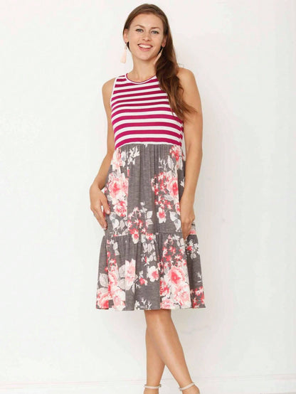 Black Pink Grey Stripe Sleeveless Tiered Patchwork Floral Print Mini Swing Southern Dress Small To 3 XL Plus