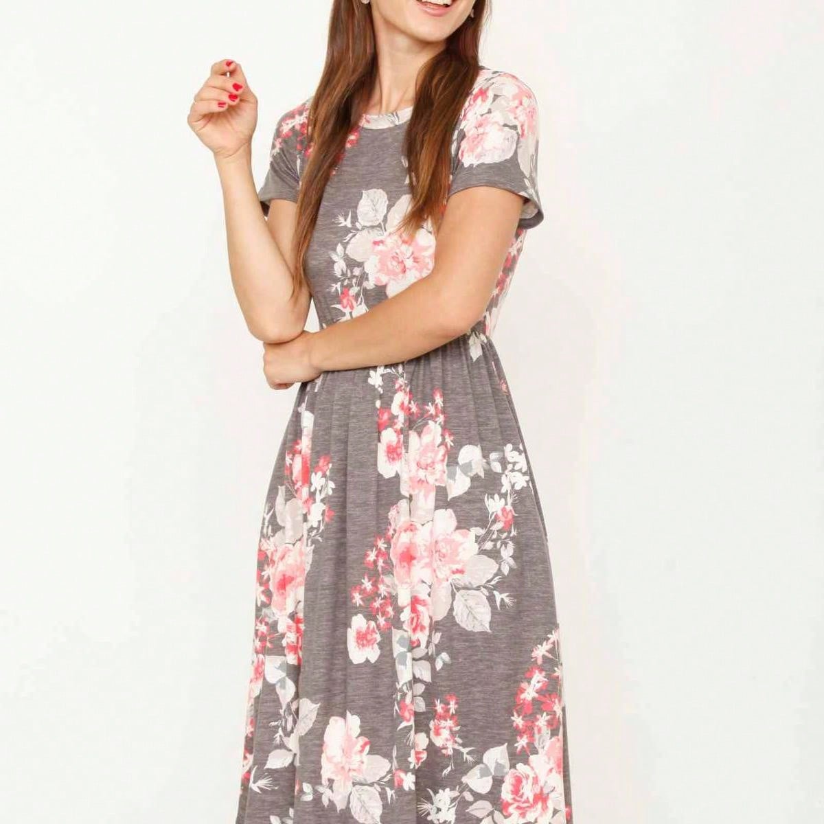 Vintage Boho Short Sleeve Summer Fall Charcoal Navy Floral Shift Midi Swing Aline Southern Dress | Small-3 XL Plus