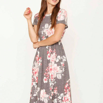 Vintage Boho Short Sleeve Summer Fall Charcoal Navy Floral Shift Midi Swing Aline Southern Dress | Small-3 XL Plus