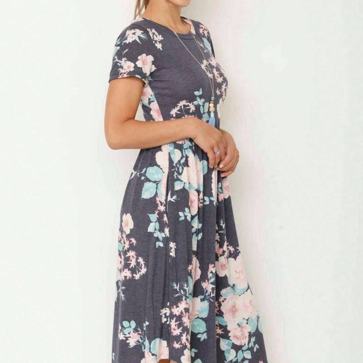 Vintage Boho Short Sleeve Summer Fall Charcoal Navy Floral Shift Midi Swing Aline Southern Dress | Small-3 XL Plus