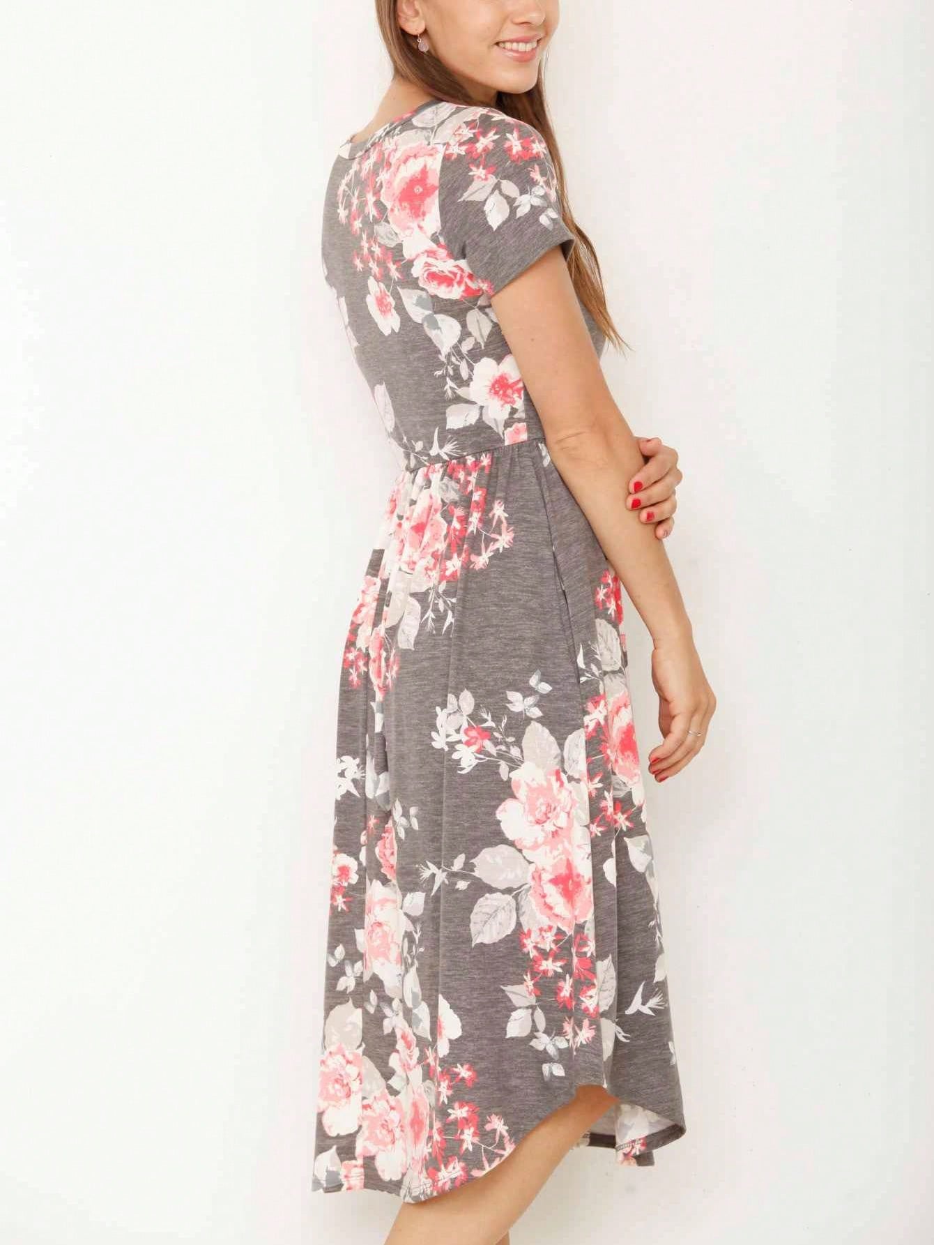 Vintage Boho Short Sleeve Summer Fall Charcoal Navy Floral Shift Midi Swing Aline Southern Dress | Small-3 XL Plus
