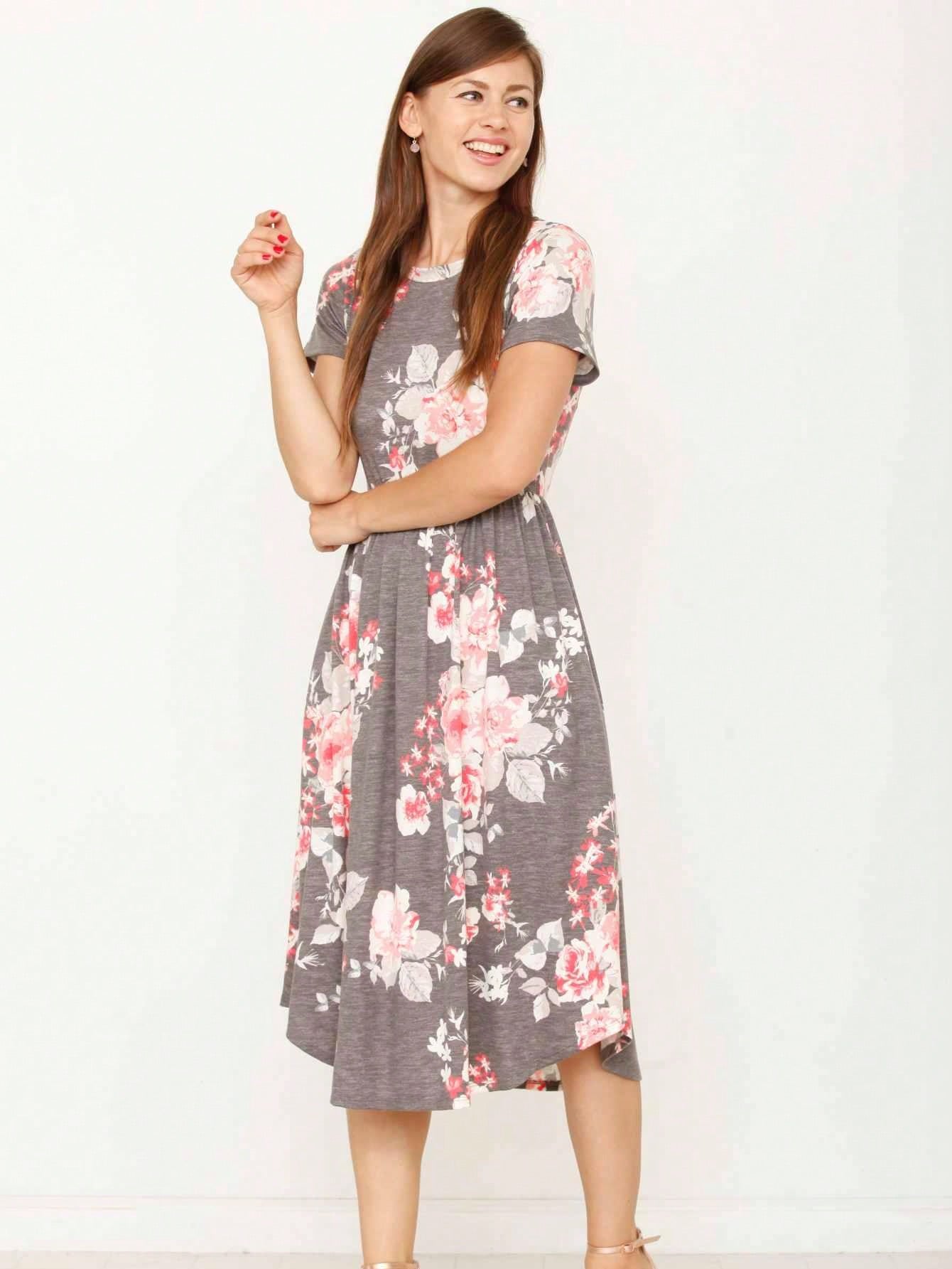 Vintage Boho Short Sleeve Summer Fall Charcoal Navy Floral Shift Midi Swing Aline Southern Dress | Small-3 XL Plus