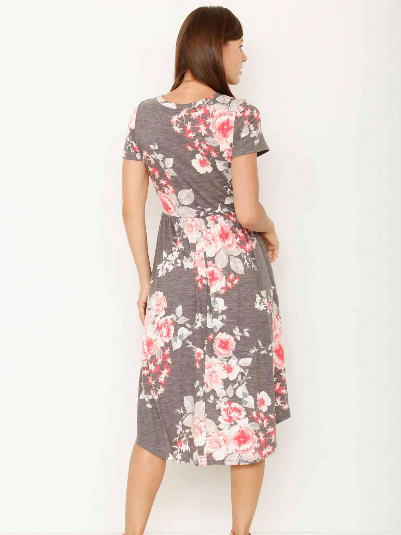 Vintage Boho Short Sleeve Summer Fall Charcoal Navy Floral Shift Midi Swing Aline Southern Dress | Small-3 XL Plus