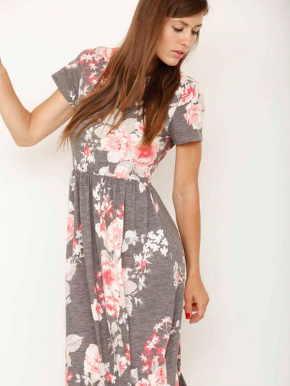 Vintage Boho Short Sleeve Summer Fall Charcoal Navy Floral Shift Midi Swing Aline Southern Dress | Small-3 XL Plus