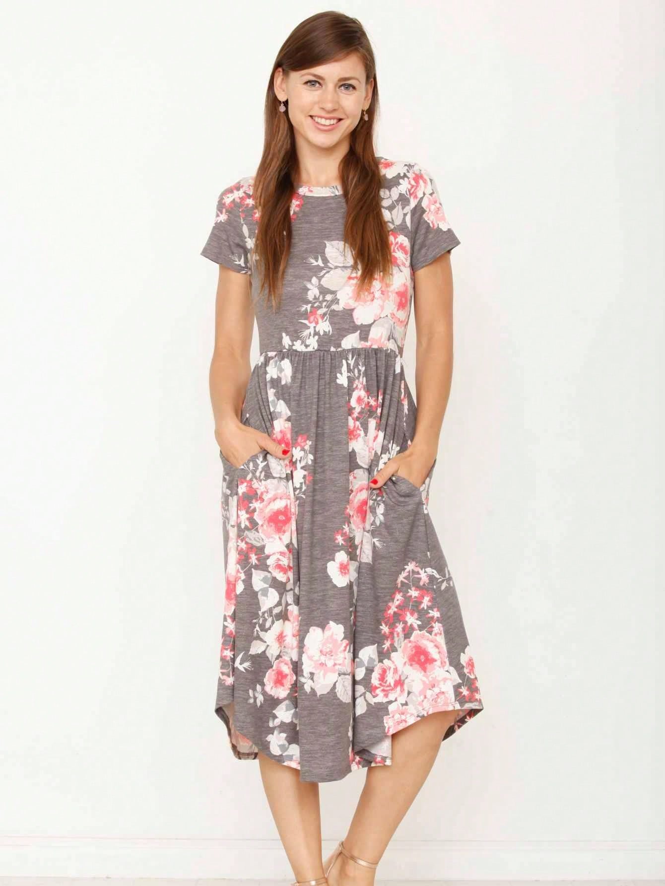Vintage Boho Short Sleeve Summer Fall Charcoal Navy Floral Shift Midi Swing Aline Southern Dress | Small-3 XL Plus