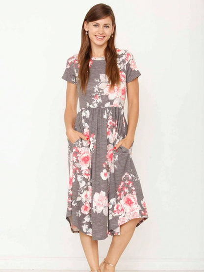 Vintage Boho Short Sleeve Summer Fall Charcoal Navy Floral Shift Midi Swing Aline Southern Dress | Small-3 XL Plus