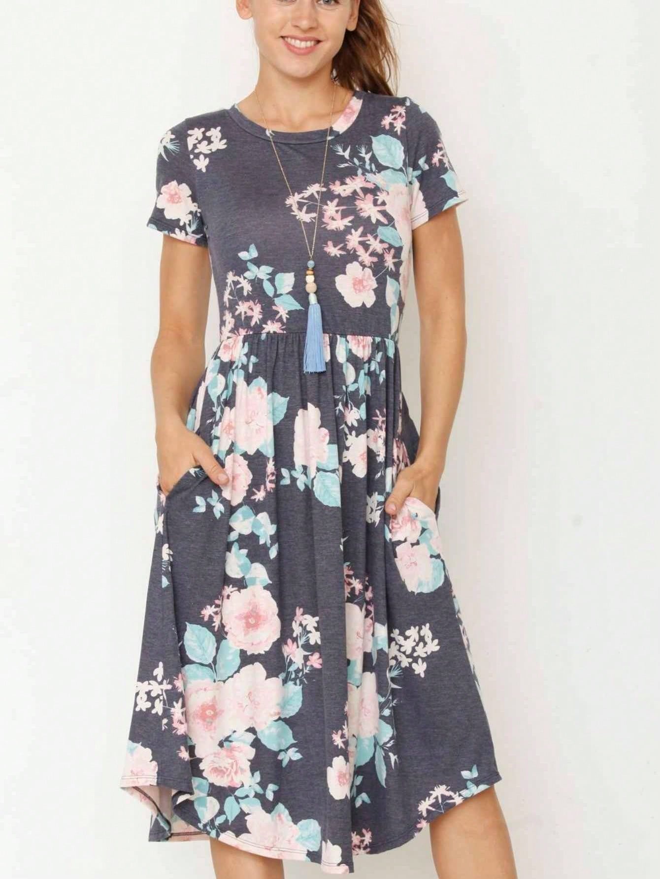 Vintage Boho Short Sleeve Summer Fall Charcoal Navy Floral Shift Midi Swing Aline Southern Dress | Small-3 XL Plus