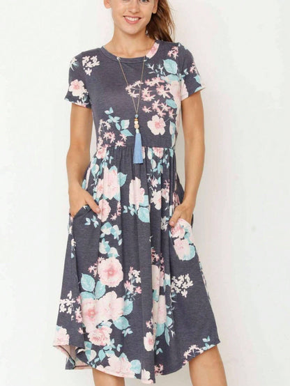 Vintage Boho Short Sleeve Summer Fall Charcoal Navy Floral Shift Midi Swing Aline Southern Dress | Small-3 XL Plus