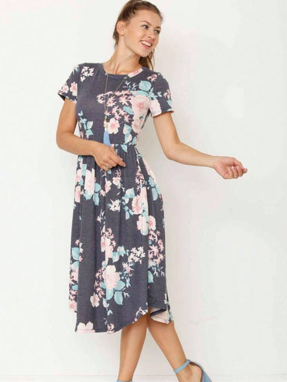 Vintage Boho Short Sleeve Summer Fall Charcoal Navy Floral Shift Midi Swing Aline Southern Dress | Small-3 XL Plus