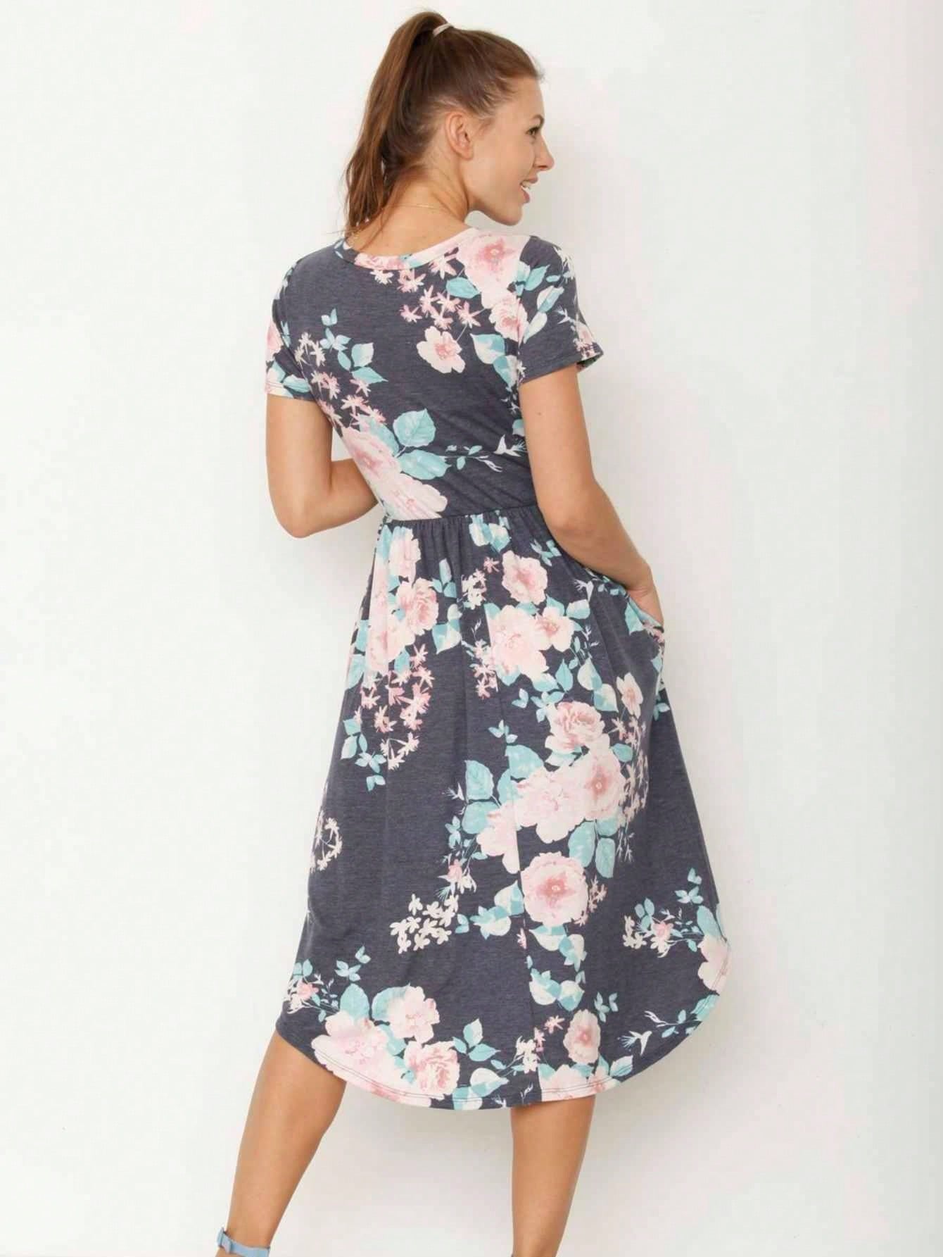 Vintage Boho Short Sleeve Summer Fall Charcoal Navy Floral Shift Midi Swing Aline Southern Dress | Small-3 XL Plus