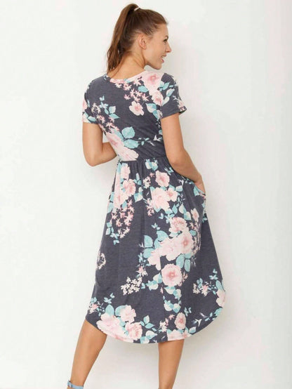 Vintage Boho Short Sleeve Summer Fall Charcoal Navy Floral Shift Midi Swing Aline Southern Dress | Small-3 XL Plus