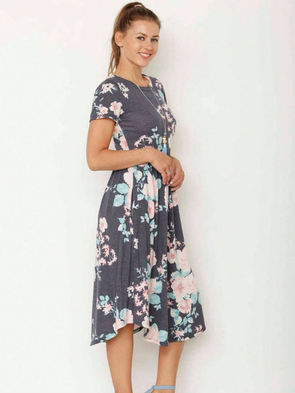 Vintage Boho Short Sleeve Summer Fall Charcoal Navy Floral Shift Midi Swing Aline Southern Dress | Small-3 XL Plus