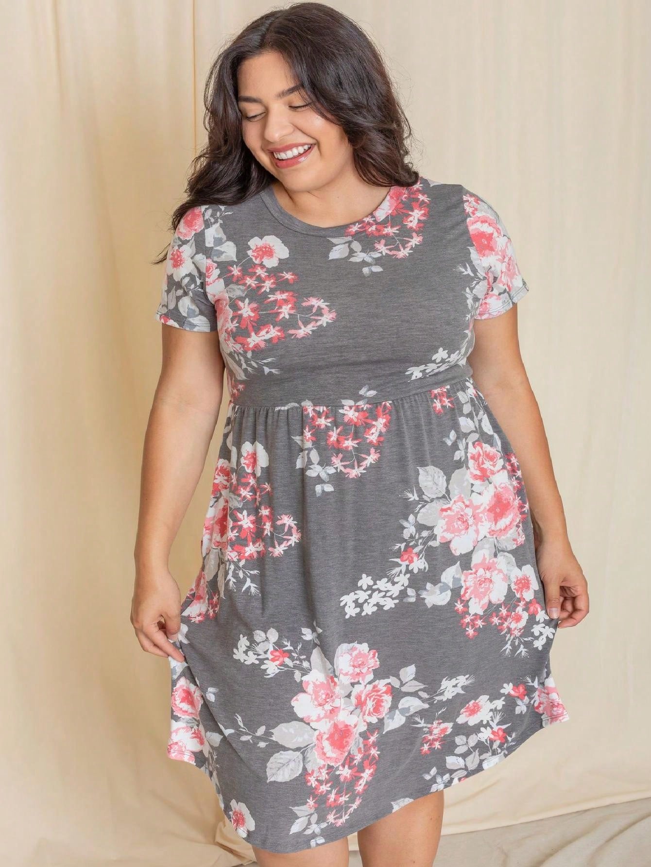 Vintage Boho Short Sleeve Summer Fall Charcoal Navy Floral Shift Midi Swing Aline Southern Dress | Small-3 XL Plus