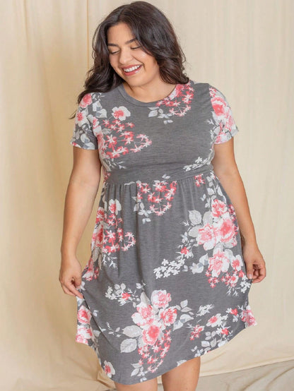 Vintage Boho Short Sleeve Summer Fall Charcoal Navy Floral Shift Midi Swing Aline Southern Dress | Small-3 XL Plus