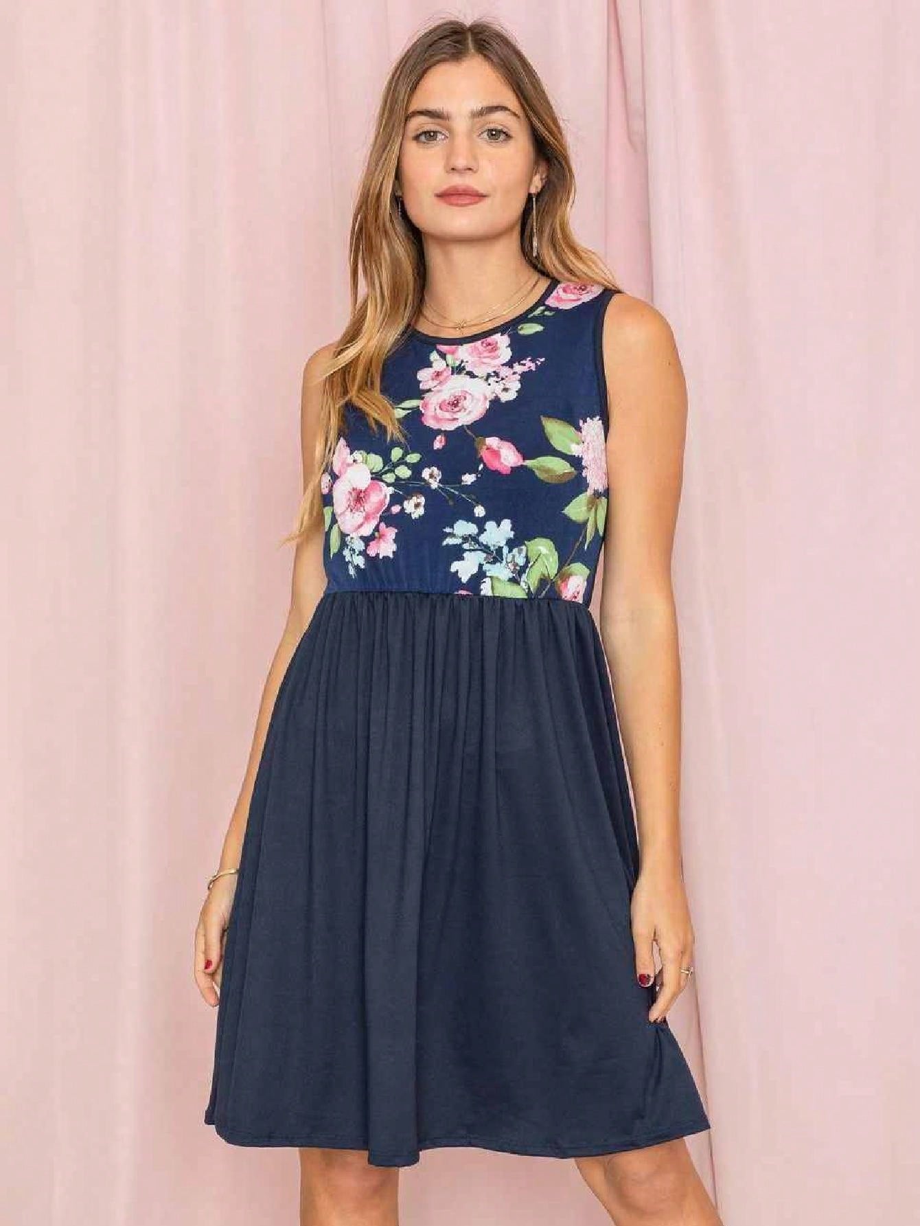 Vintage Boho Sleeveless Summer Pink Black Beige Floral Swing Shift  Aline Min Southern Dress | Small -3 XL Plus