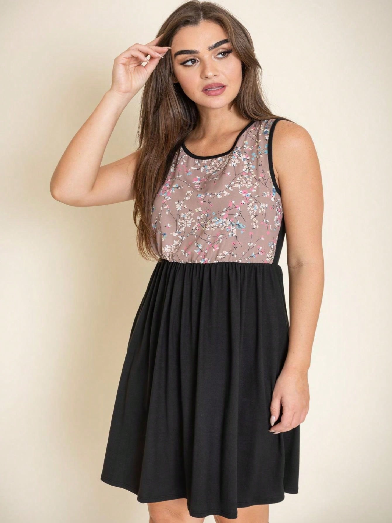 Vintage Boho Sleeveless Summer Pink Black Beige Floral Swing Shift  Aline Min Southern Dress | Small -3 XL Plus