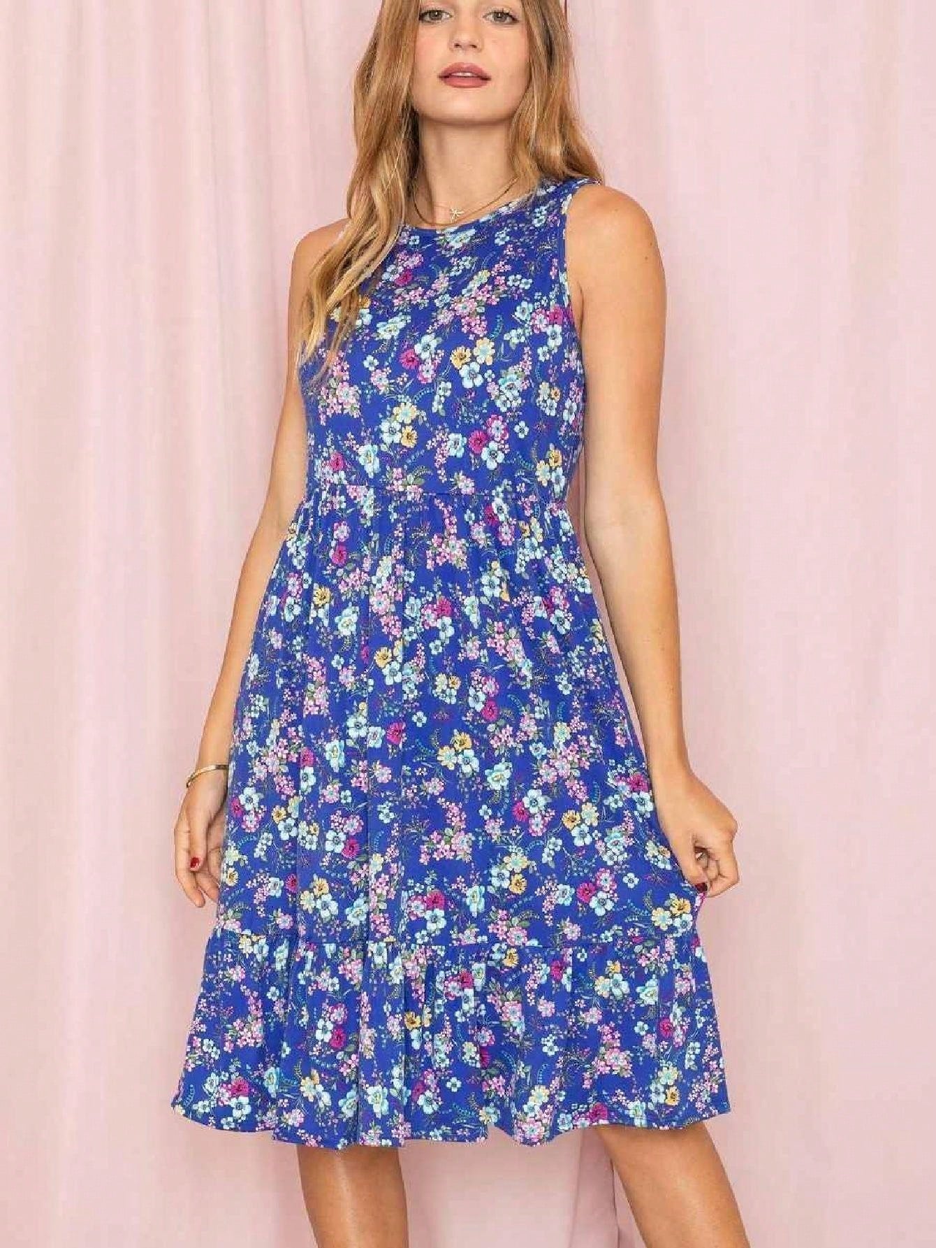 Boho Vintage Royal Navy Blue Tiered Ruffle Ditsy Floral Knee Classic Swing Southern Dress | Small-3 XL Plus