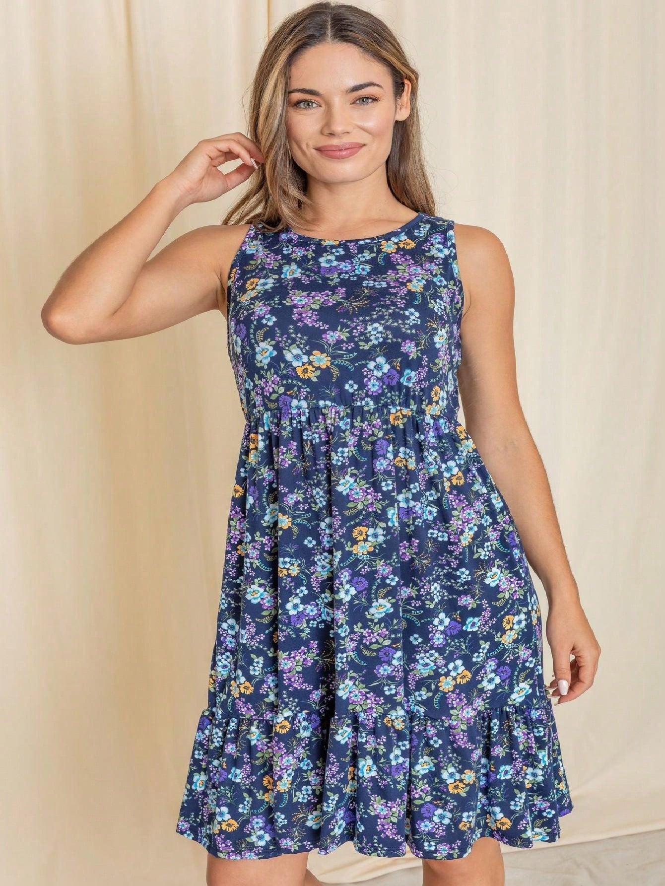Boho Vintage Royal Navy Blue Tiered Ruffle Ditsy Floral Knee Classic Swing Southern Dress | Small-3 XL Plus